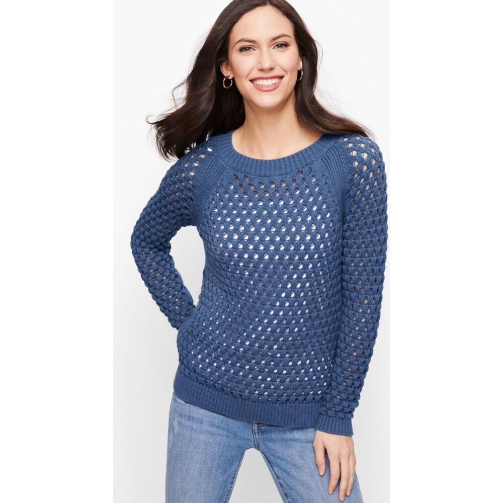 Talbots Women 1x Petite Cornflower Blue Open Knit Long Sleeve Pullover Sweater
